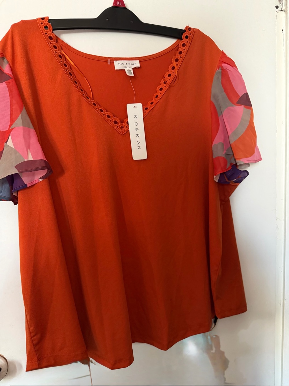 Orange V-Neck Short Sleeve Top with Printed Flutter Sleeves